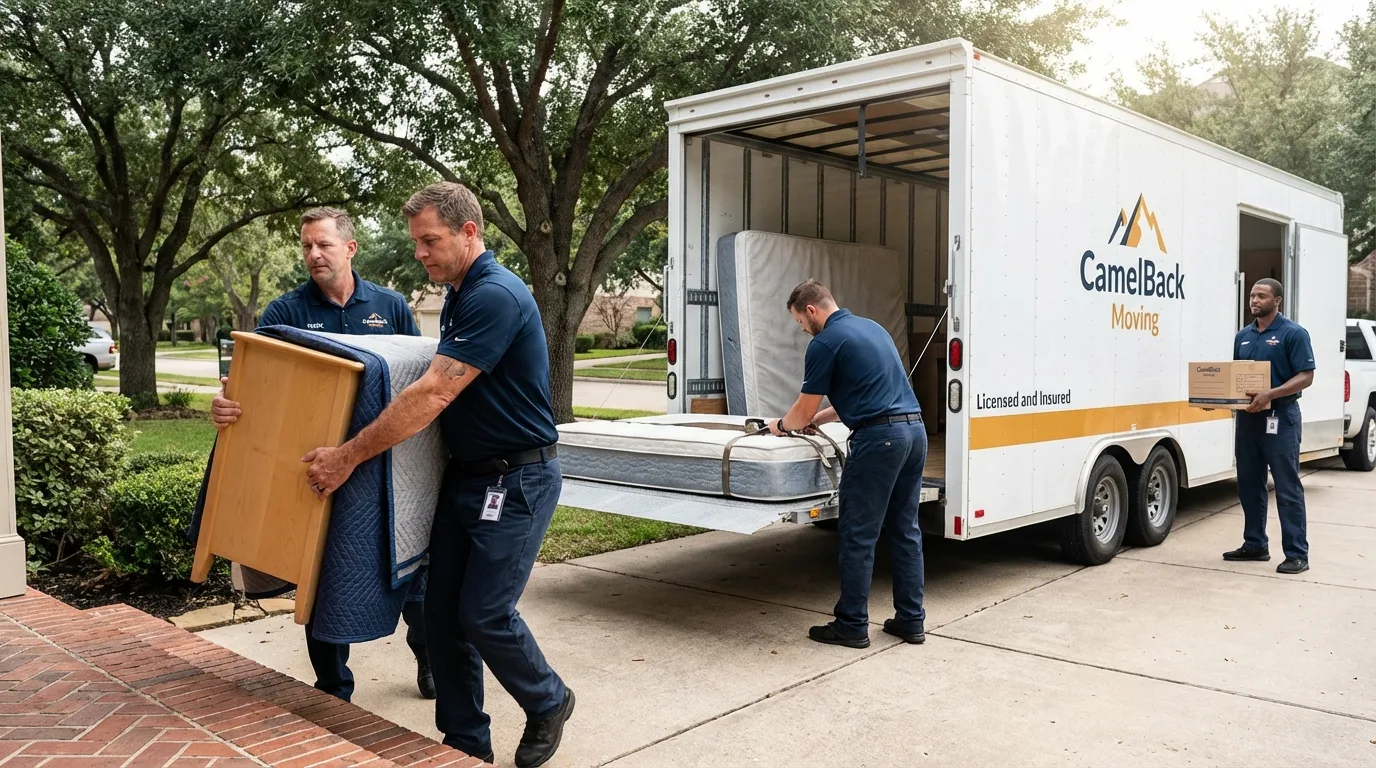Crew loading residential truck for cross-state move from Oconto Falls, WI
