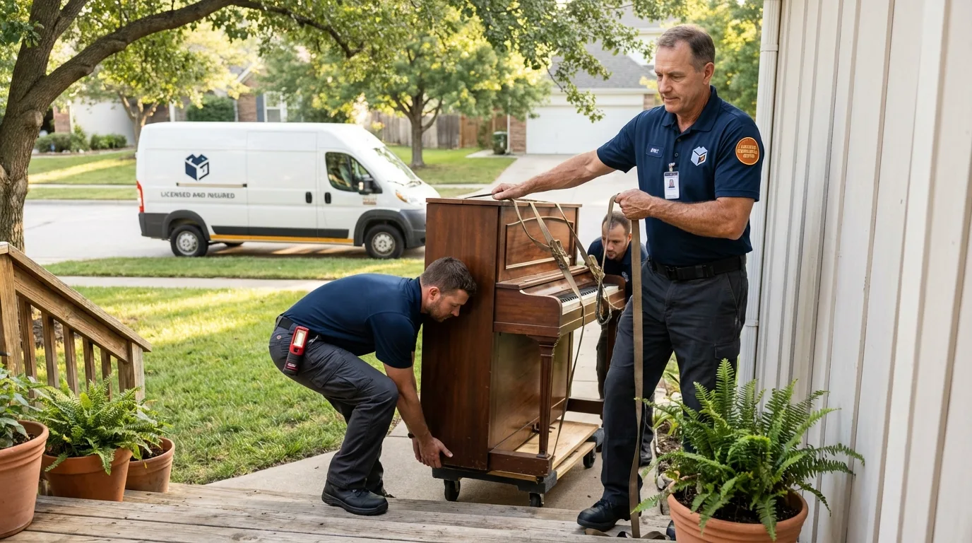 Licensed piano movers securing grand piano in Oconto Falls, WI