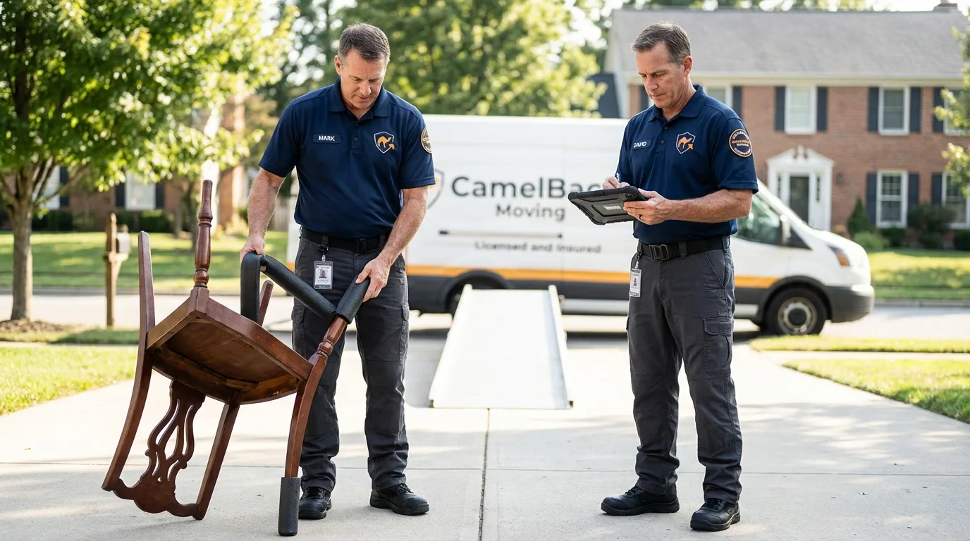 Movers inspecting furniture for damage prevention before loading in Oconto Falls, WI