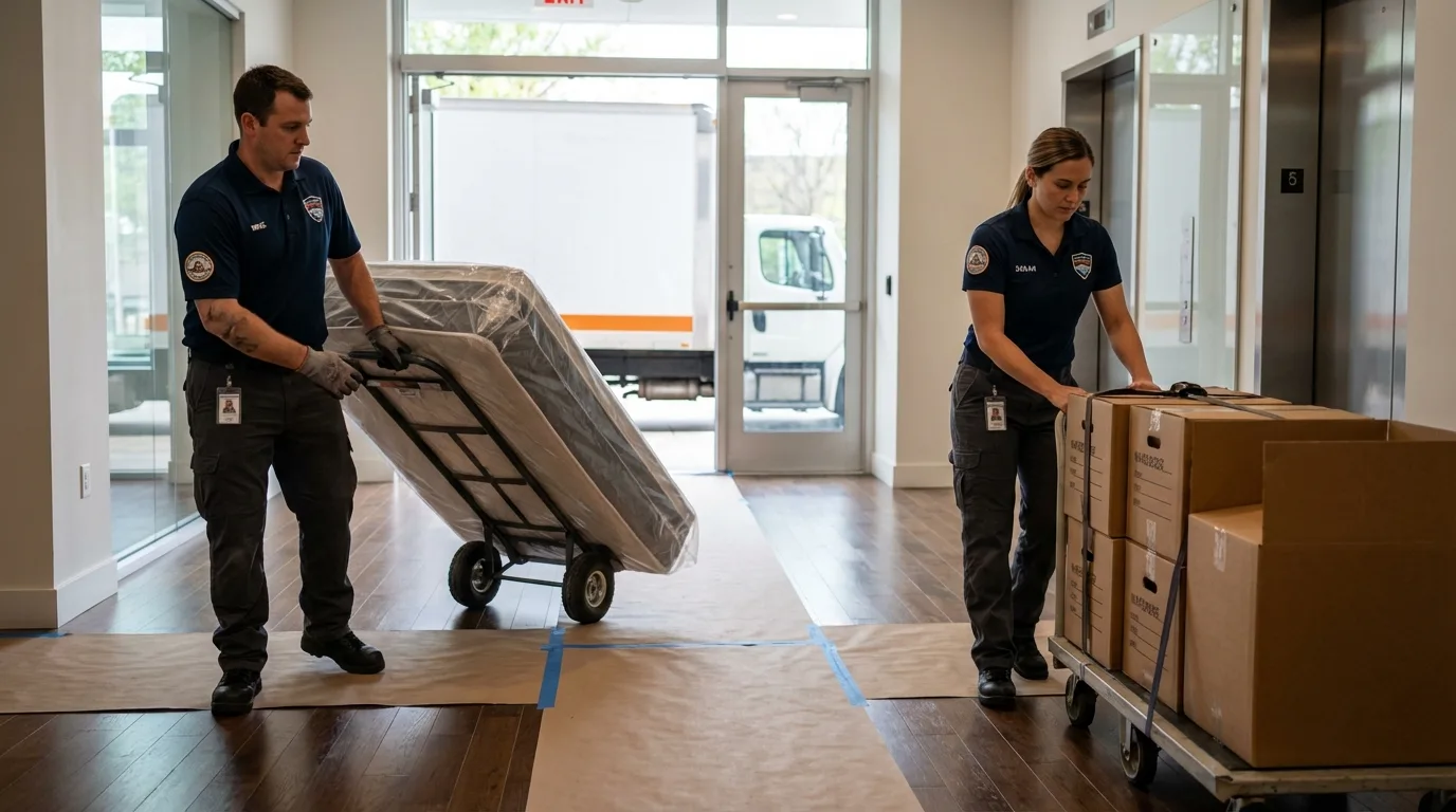 Professional apartment movers loading elevator in Oconto Falls, WI