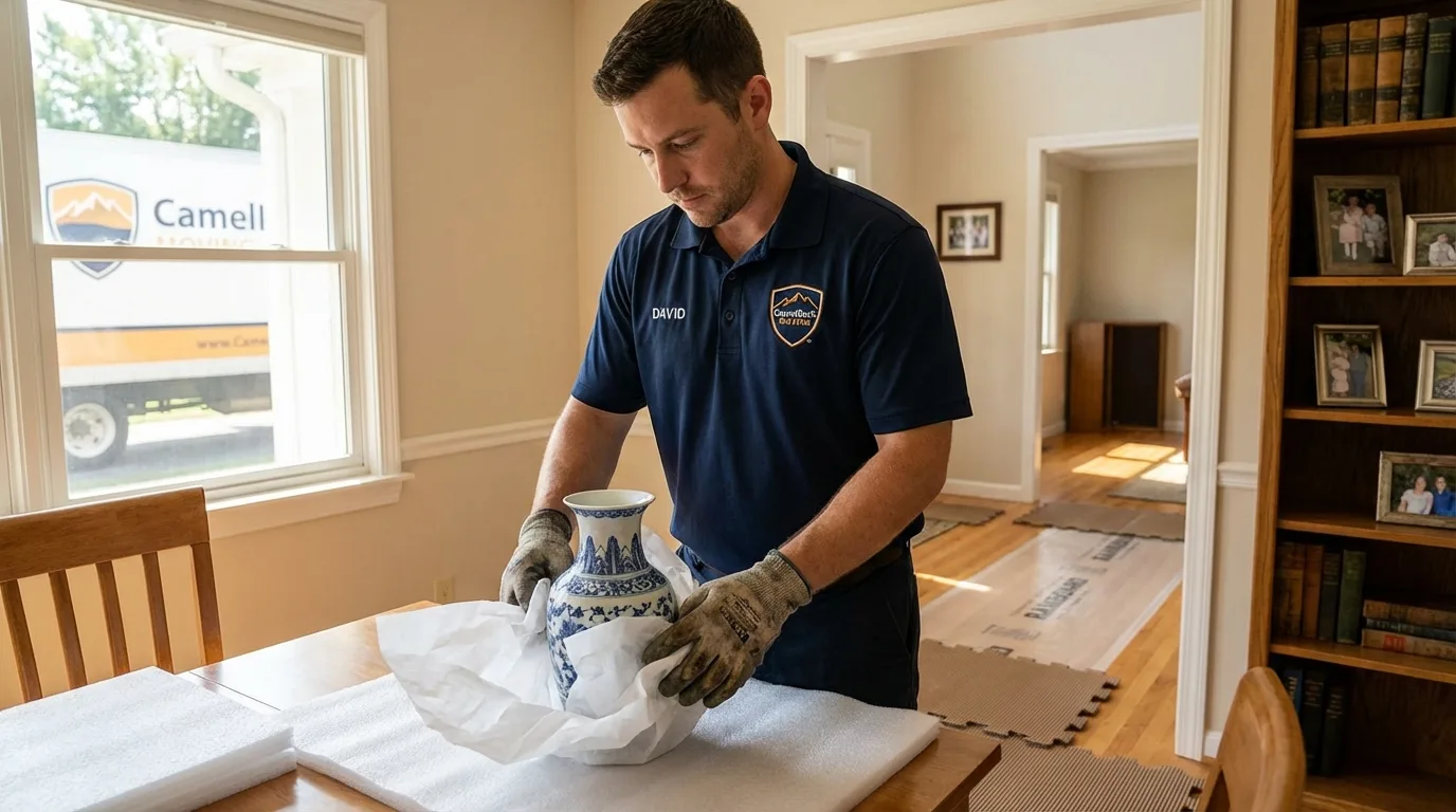 Professional crew carefully wrapping antique vase for senior downsizing move in Oconto Falls, WI