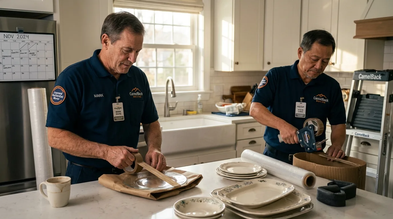 Professional crew packing kitchen dishware in Oconto Falls, WI